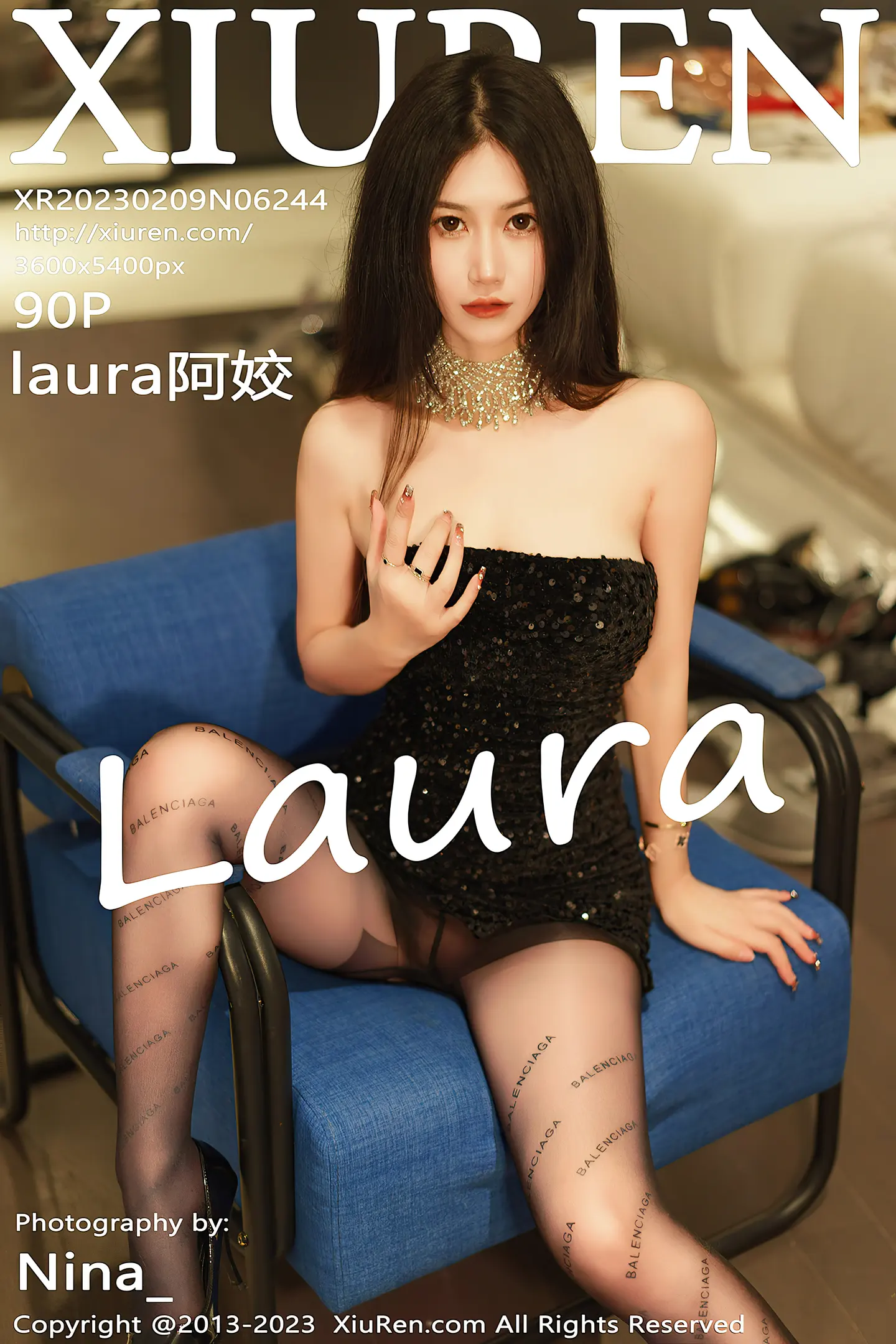 [XiuRen秀人网]No.6244_模特laura阿姣黑色露肩连衣短裙配超薄黑丝秀翘臀美腿诱惑写真90P-秀人网 - XiuRen.Space